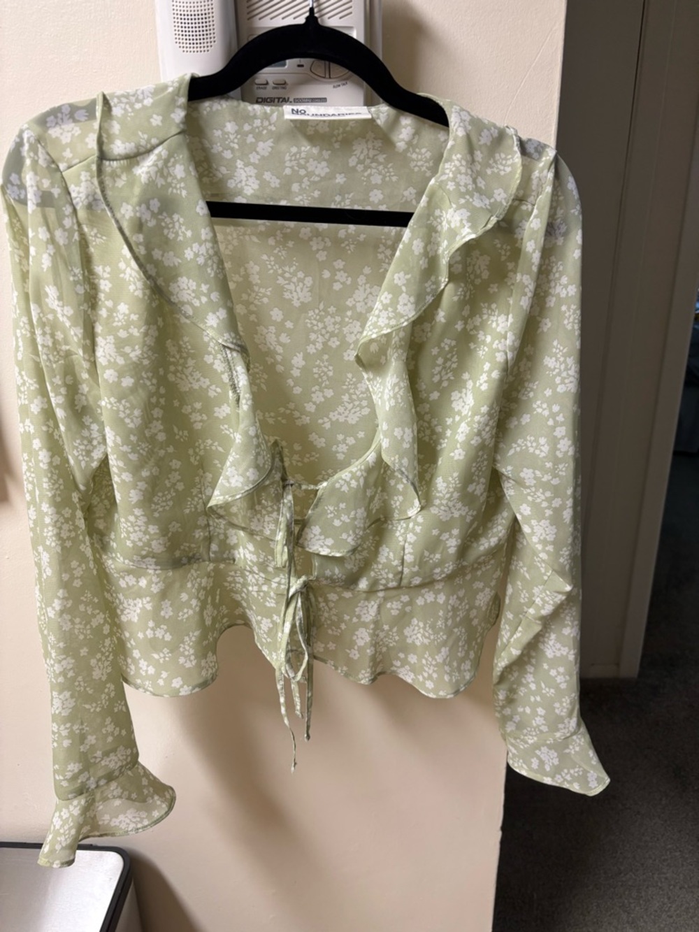 No Boundaries Light Green Floral Ruffle Tie-Front Blouse
